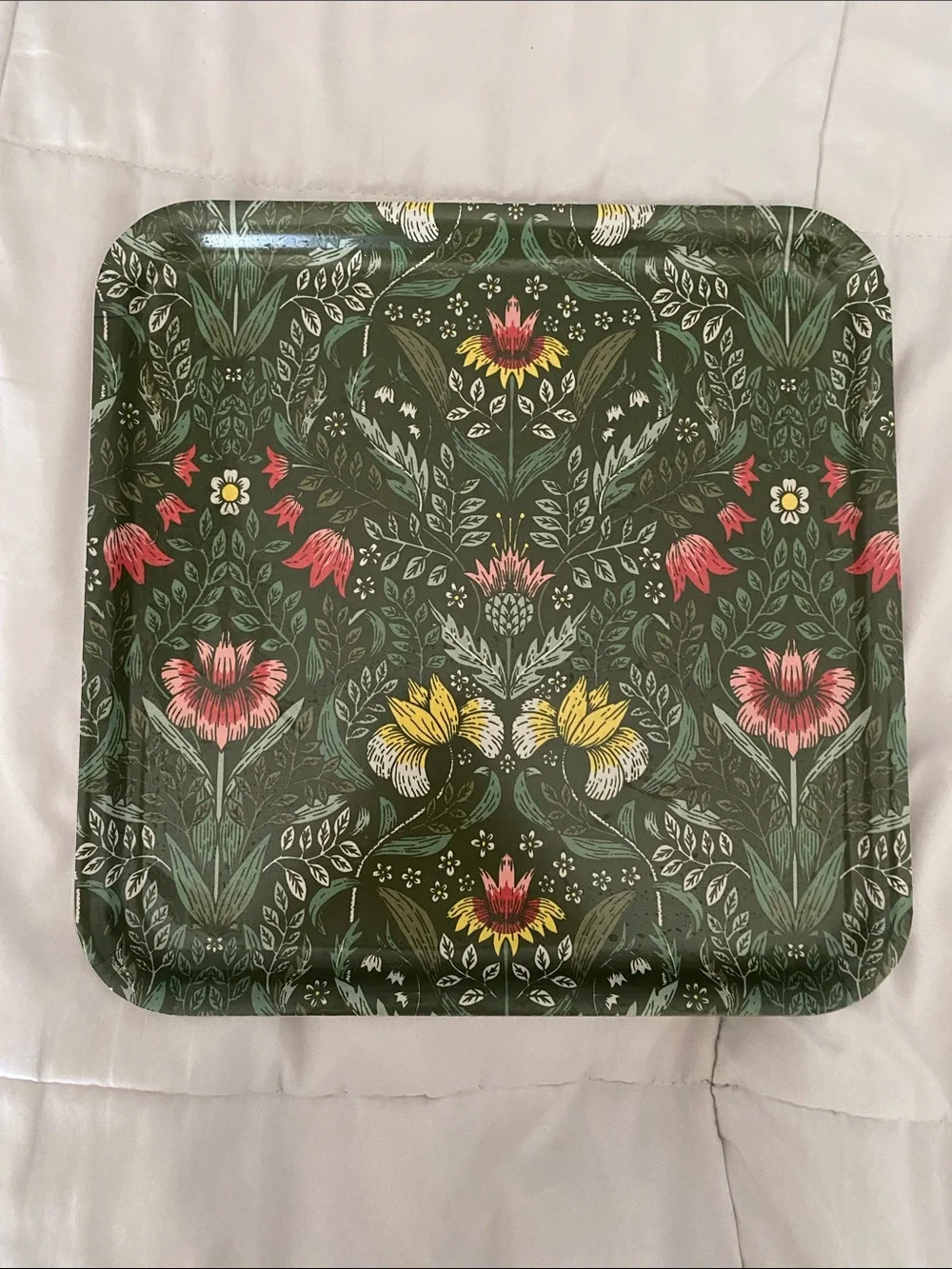 Floral Pattern Square Tray in Dark Green with Pink & Yellow Flowers ✨